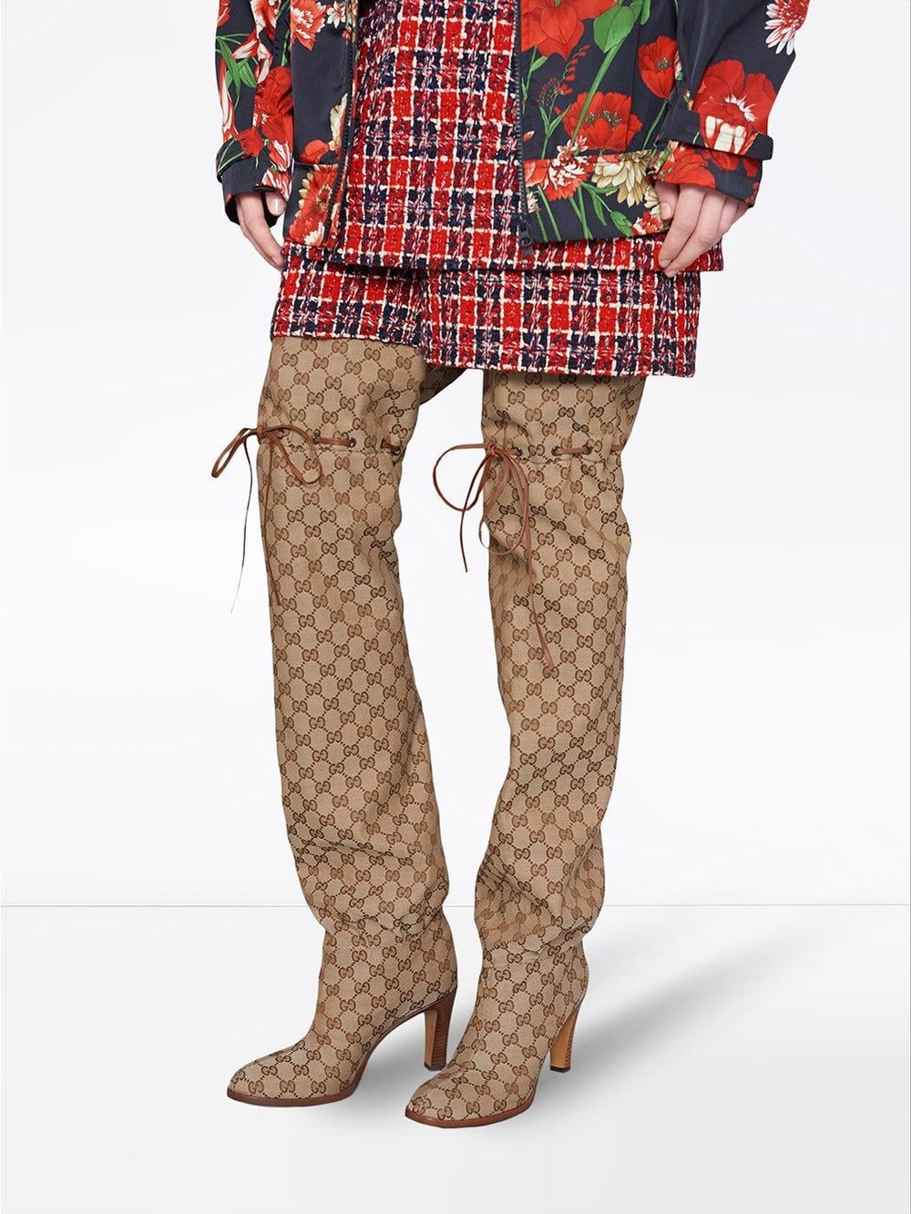 Gucci Tan GG Monogram Over-the-Knee Tie Boots